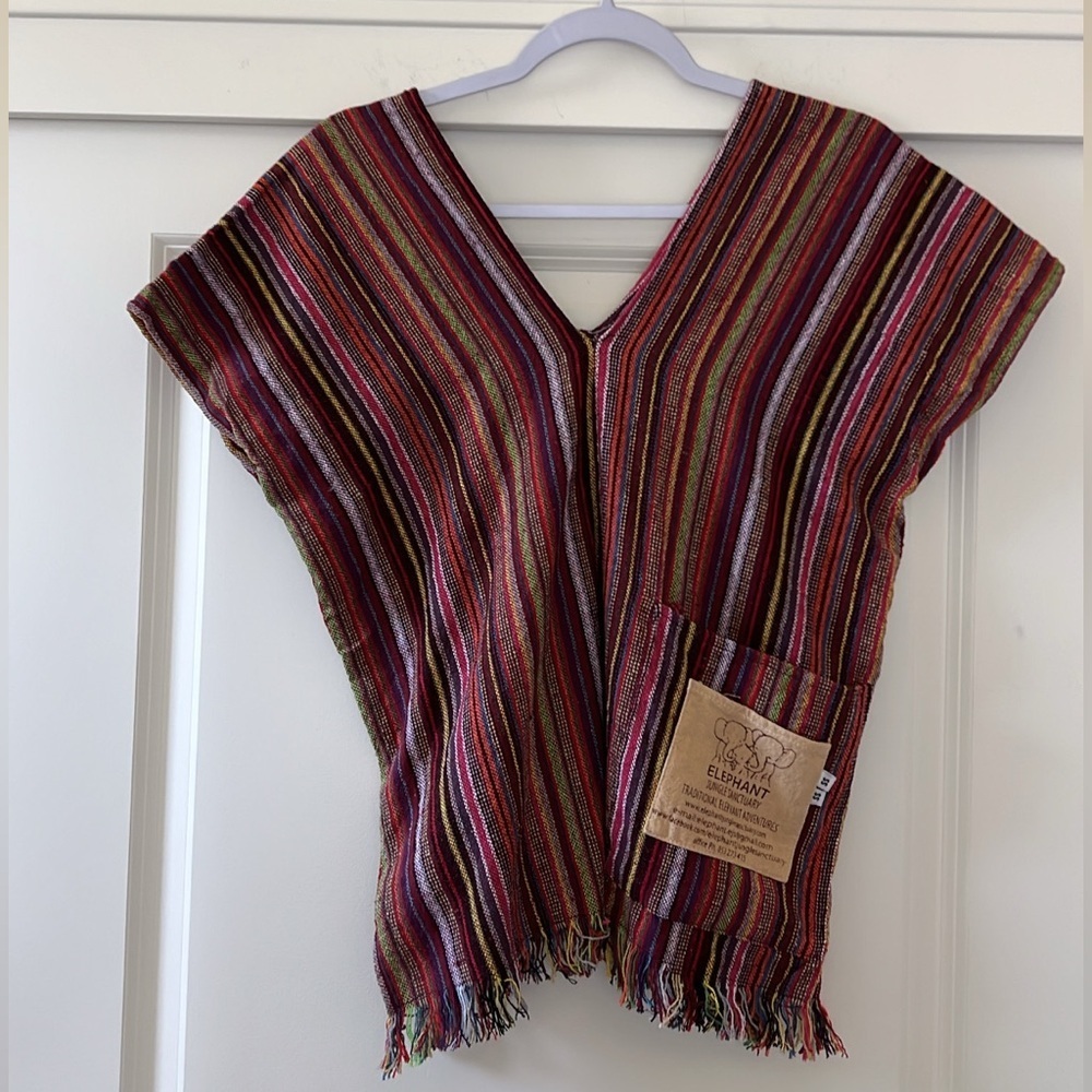 Boho Multicolor V-Neck Poncho From Thailand - Picture 3 of 7